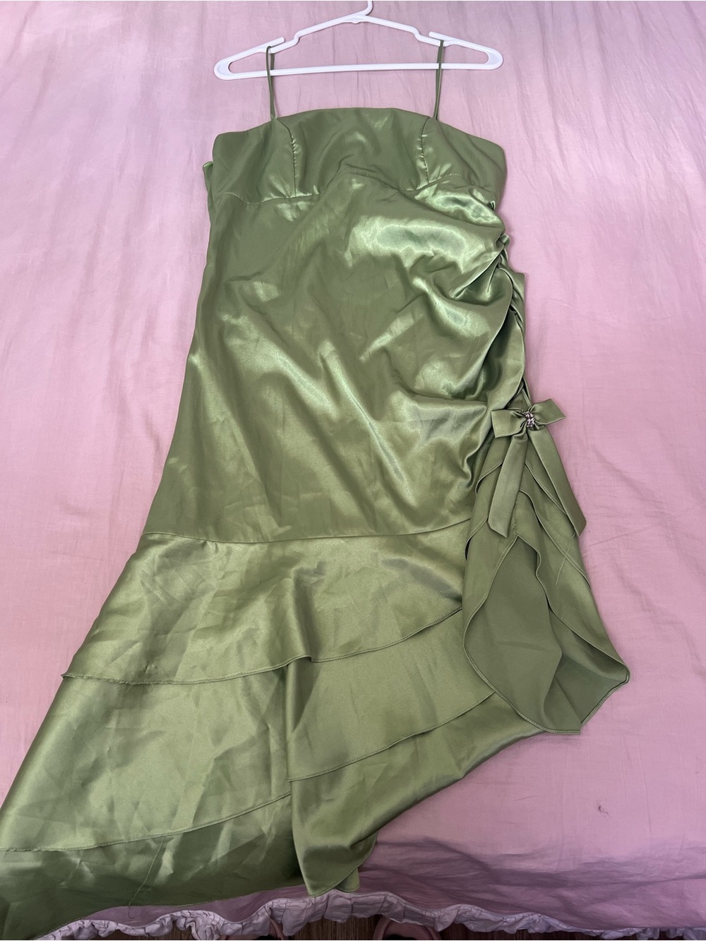 Olive Green Satin High-Low Dress with Ruffle Side Accent